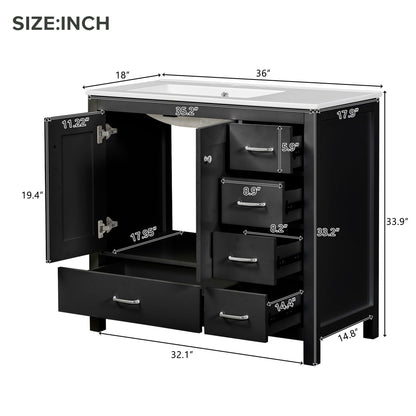 Bathroom Vanity With Ceramic Sink Combo, Abundant Storage Cabinet 2 Soft Close Doors And 5 Drawers