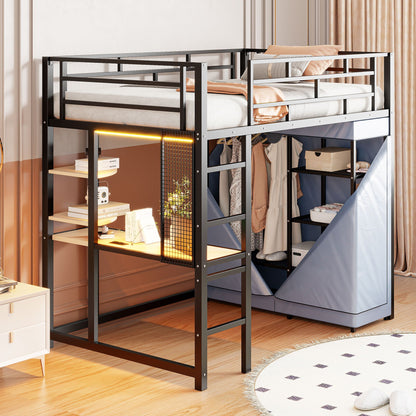 Loft Bed With Desk, Shelves, Power Outlet, LED Light And Wardrobe