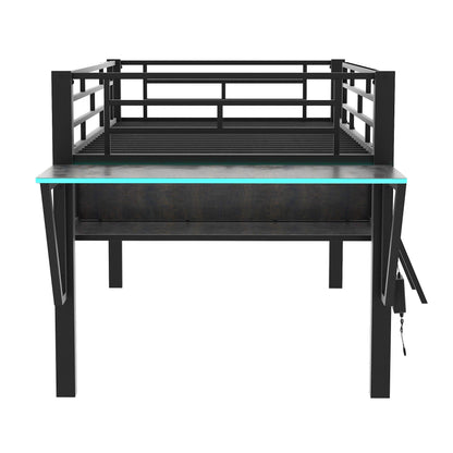 Modern Gaming Mid Loft Bed With Desk And LED Lights