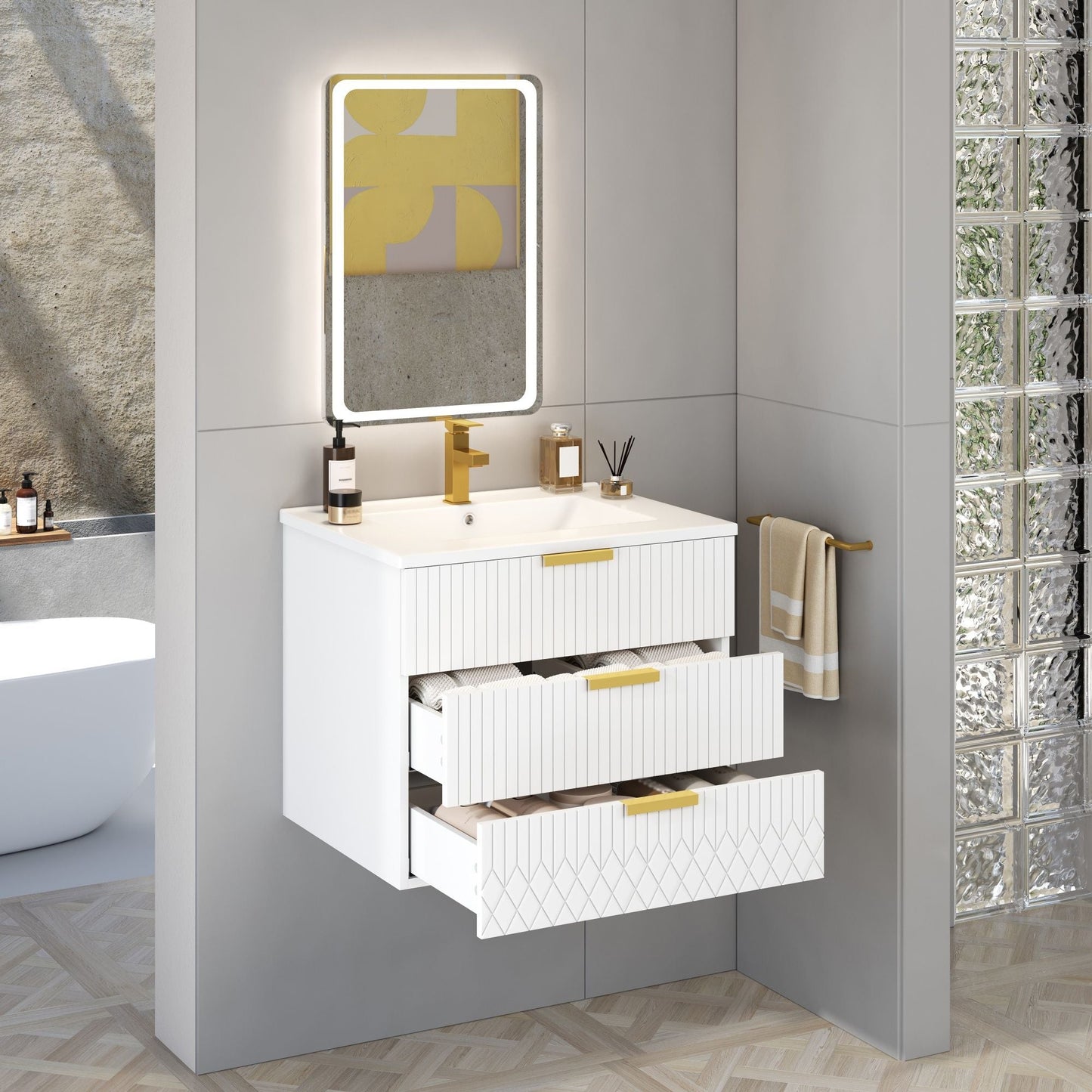 Wall Mounted Floating Cabinet With Double Drawer, Rectangular Sink