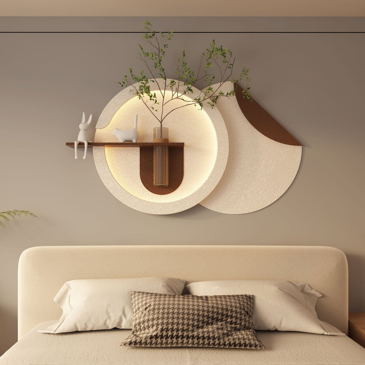 Adjustable 3 Color LED Sandstone Double Disc Wall Art With Simulated Greenery, Vase & Rabbit Statue - Light Coffee