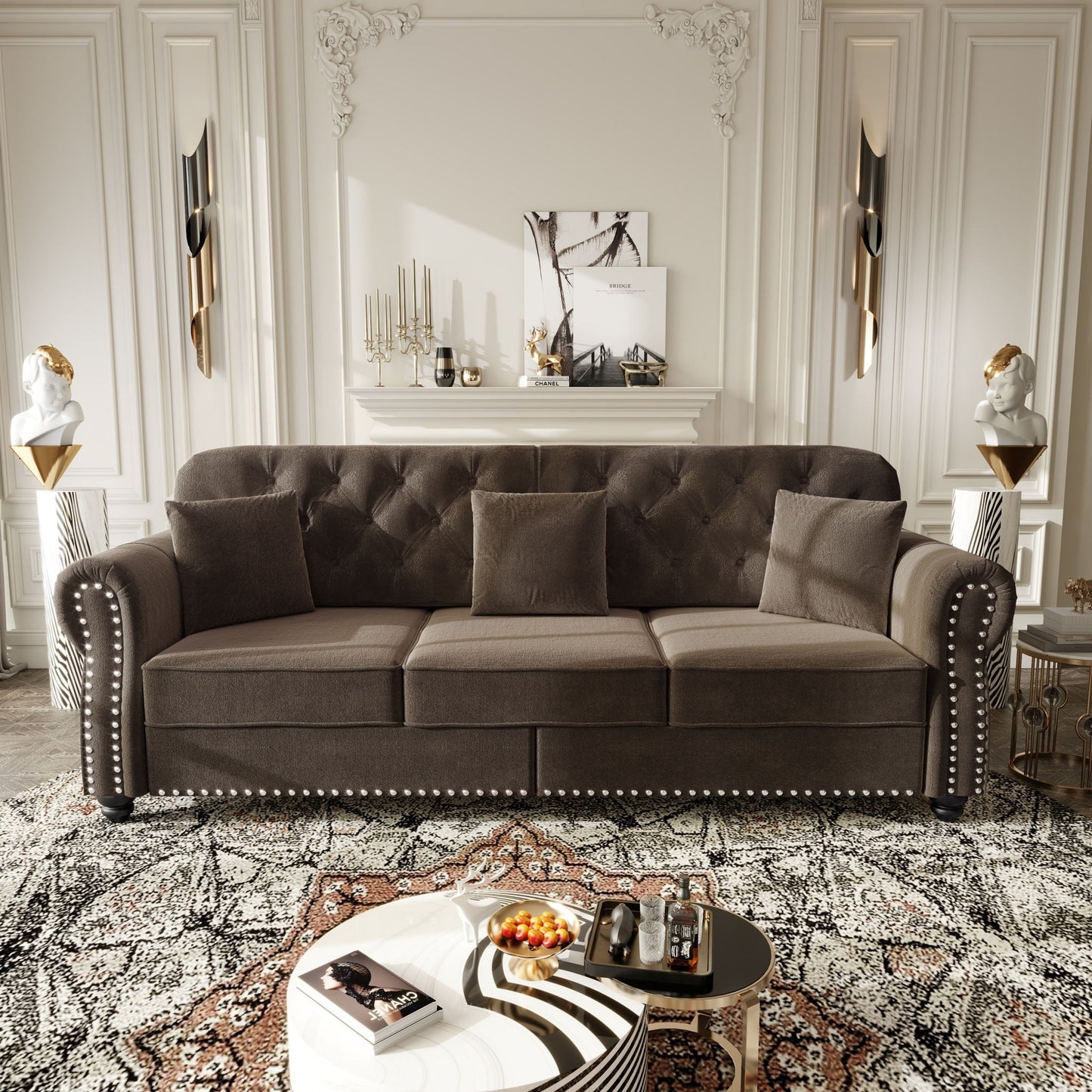 Upholstered Sofa Set With Nailhead Trim And Rolled Armrests, Includes Pillows