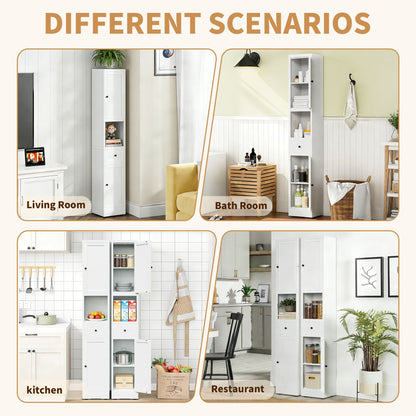 Tall Bathroom Storage Cabinet, 5-Tier Narrow With 2 Doors & Adjustable Shelves, Freestanding - White