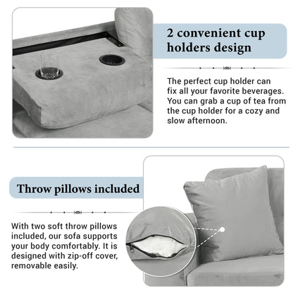 Modern Sectional Sofa With Storage Ottoman, L - Shape Couch With 2 Pillows And Cup Holders