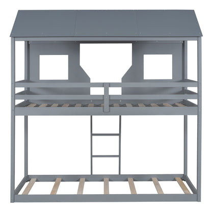 Twin Over Twin Bunk Bed With Roof, Window, Guardrail, Ladder