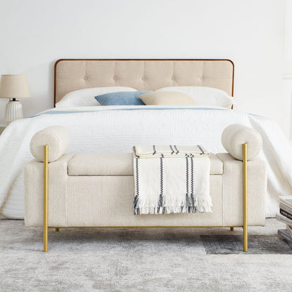 Elegant Upholstered Storage Bench With Cylindrical Arms And Iron Legs,