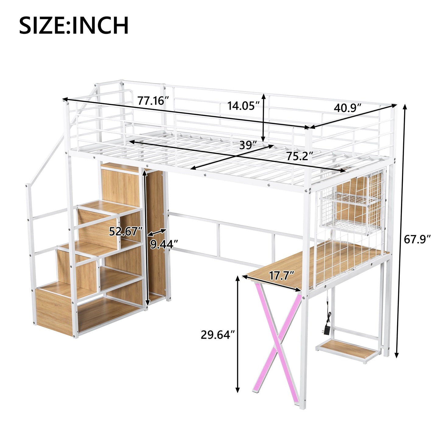 Loft Bed With Built In Work Station, Wardrobe, Storage Staircase And LED