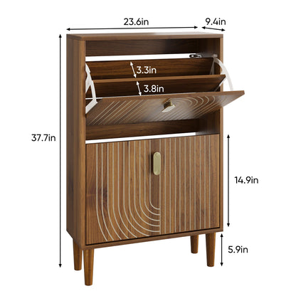 Modern Minimalist Shoe Storage Cabinet With 2 Flip Drawers And Metal Handles - Brown