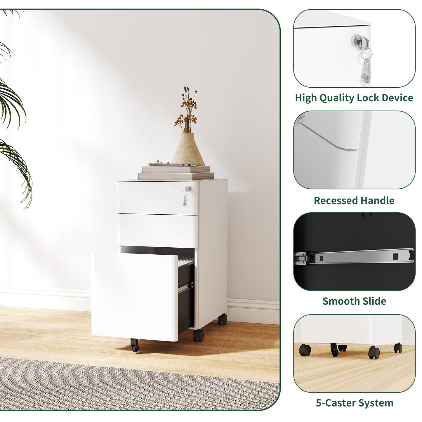 3-Drawer Mobile File Cabinet With Lock, On Wheels, Two Shallow & One Deep Drawer For Office/Home, Fully Assembled - White