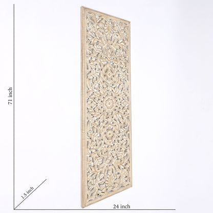 Floral Hand Carved Mandala Rectangle Wall Decor With Mirror - Antique Brown / White