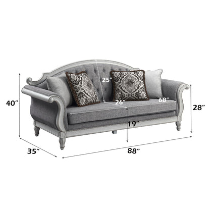 Florian - Sofa With 4 Pillows - Gray Fabric & Antique White