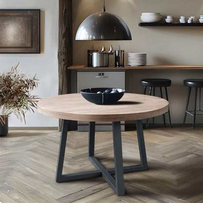 Round Dining Table With Wire Brushed Mindi Top And Mahogany Base - Wheat
