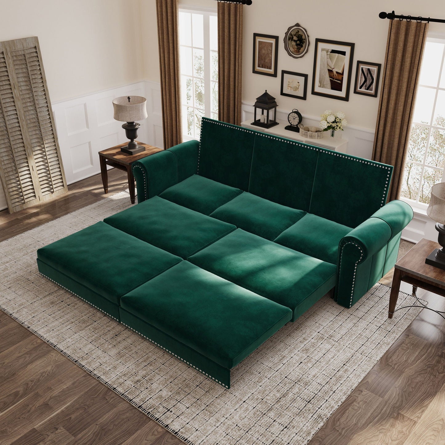 3 In 1 Convertible Sleeper Sofa With Nailhead Trim & Rolled Arm