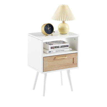 15.75" Rattan End Table With Power Outlet & USB Ports, Modern Nightstand With Drawer And Solid Wood Legs, Side Table For Living Room, Bedroom