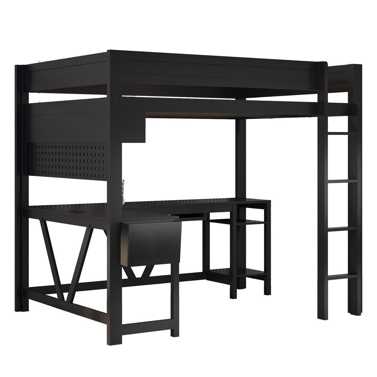 Gaming Loft Bed With Desk, Storage Shelves, LED And Charging Station