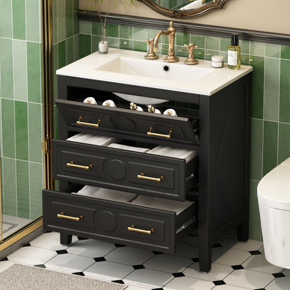 Retro Bathroom Vanity With Sink Combo, Free Standing Single Set With 3 Drawers