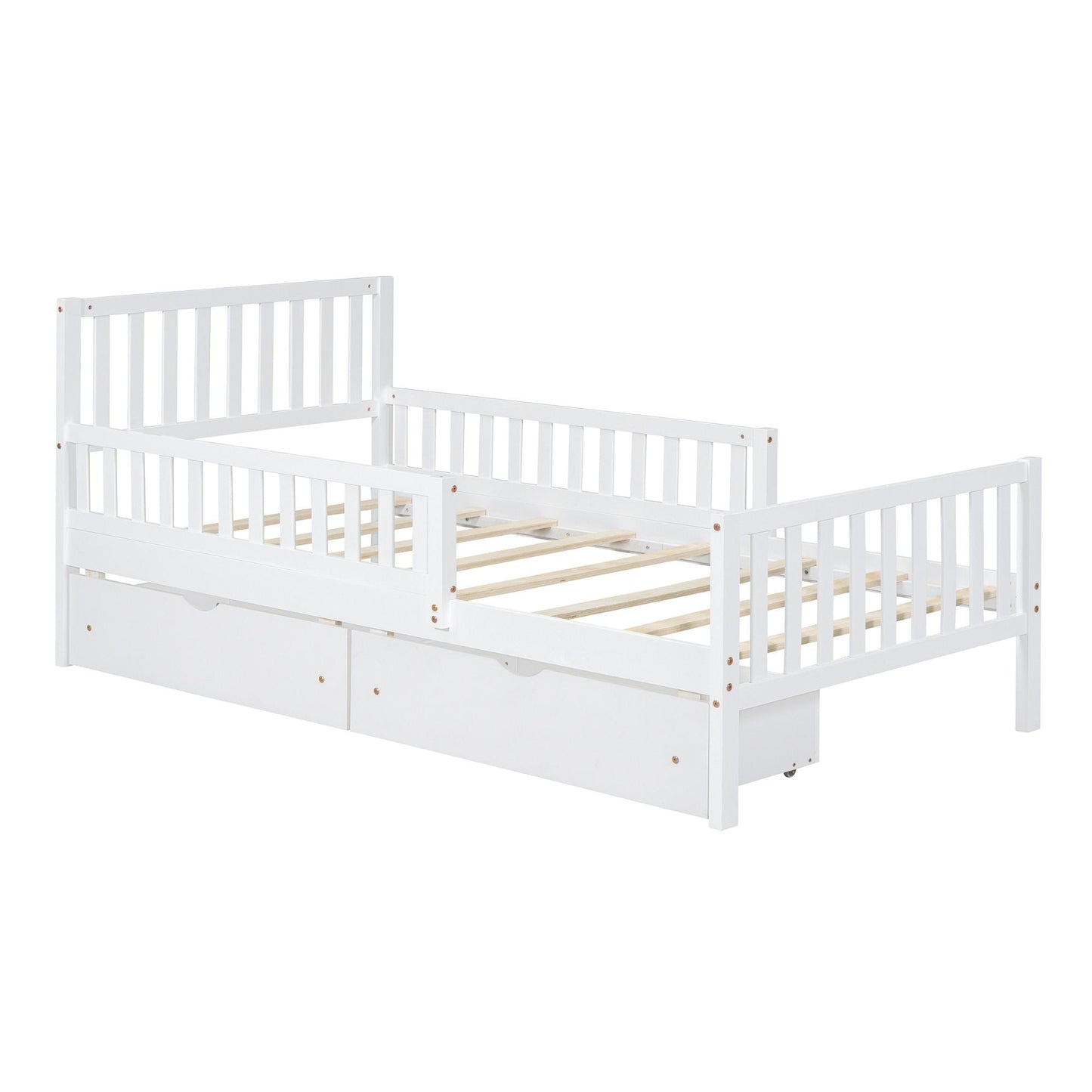 Platform Bed With Guardrails On Both Sides And 2 Storage Drawers
