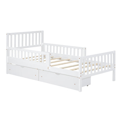 Platform Bed With Guardrails On Both Sides And 2 Storage Drawers