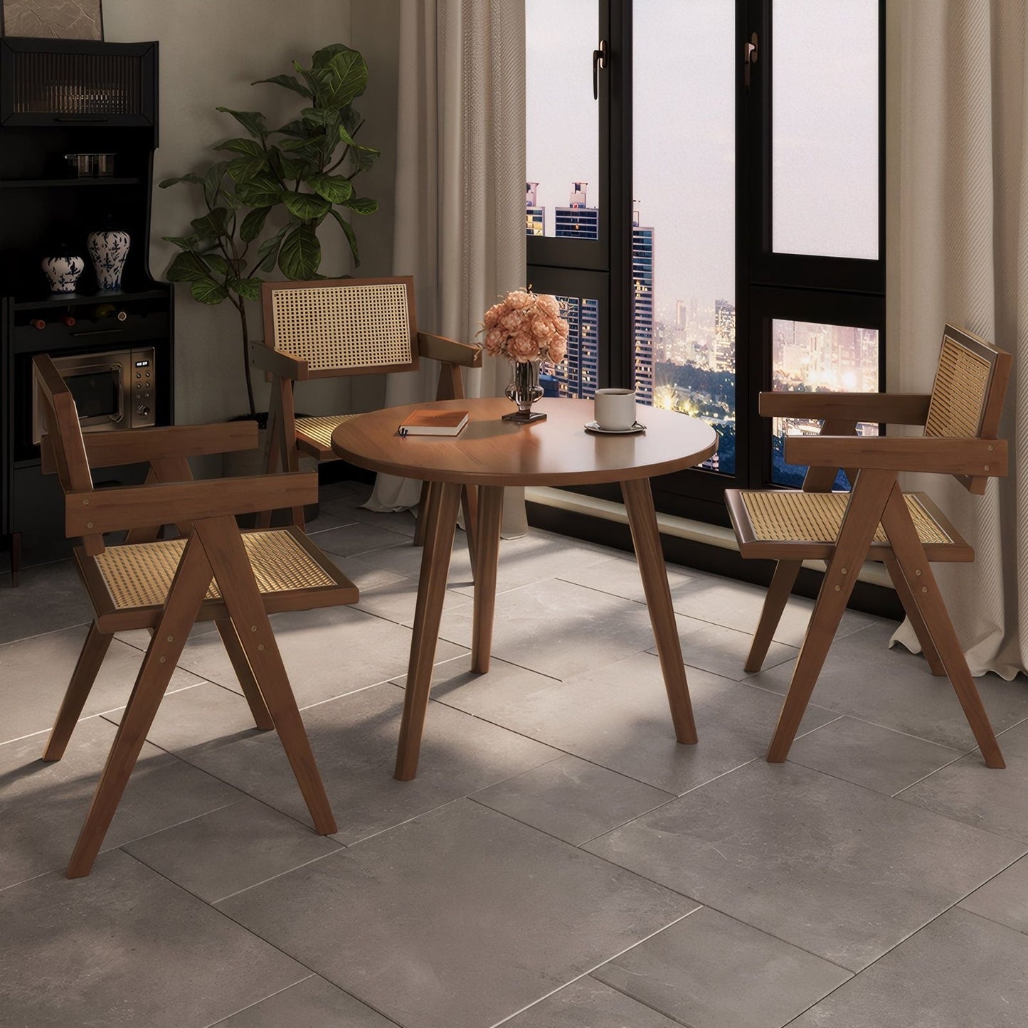 Modern Mid Century Dining Chairs (Set of 2), Rattan Accent Chairs, Comfy Armchairs, Outdoor Wood Chairs With Armrest - Walnut