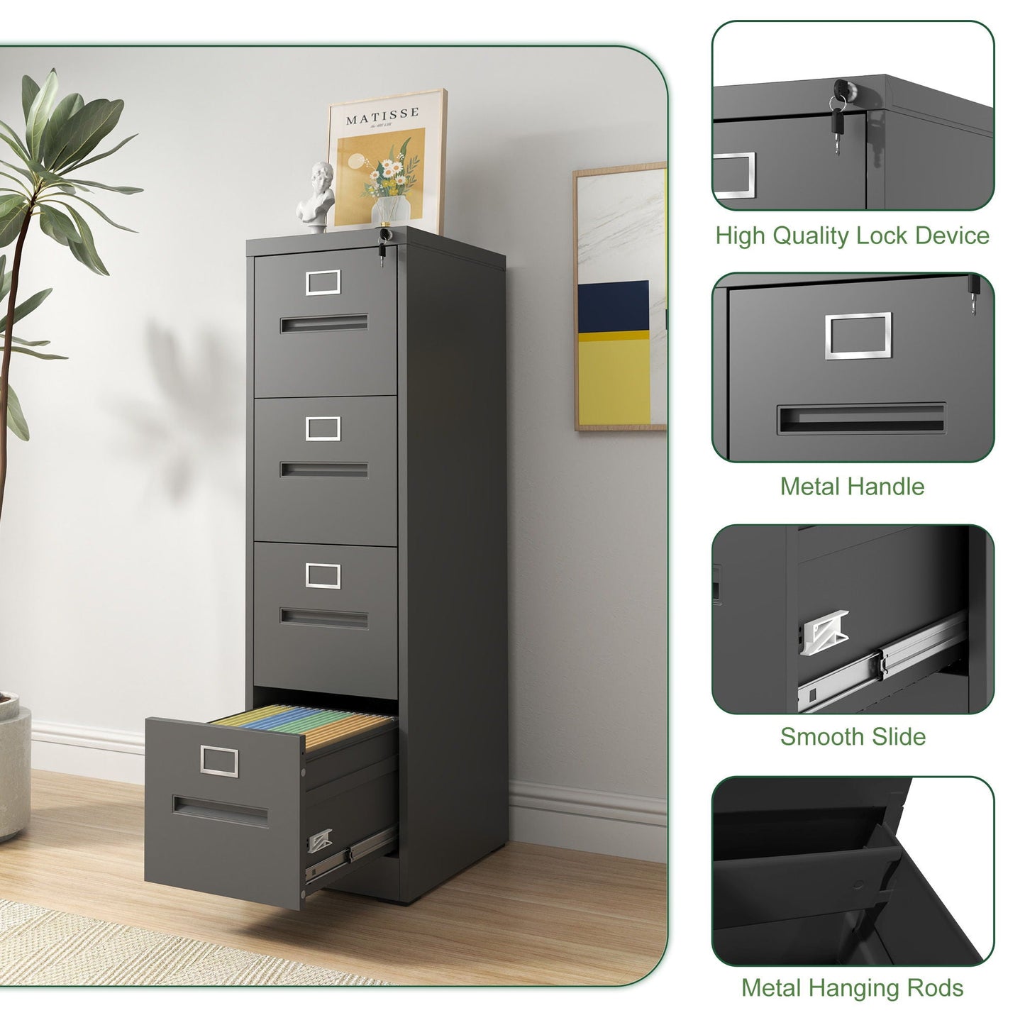 Premium Drawer File Cabinet With Lock, Metal Vertical Design, A4 Legal / Letter Size