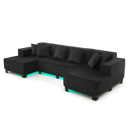 U-Shaped Sectional Sofa With RGB LED Light Strip And 6 Pillows